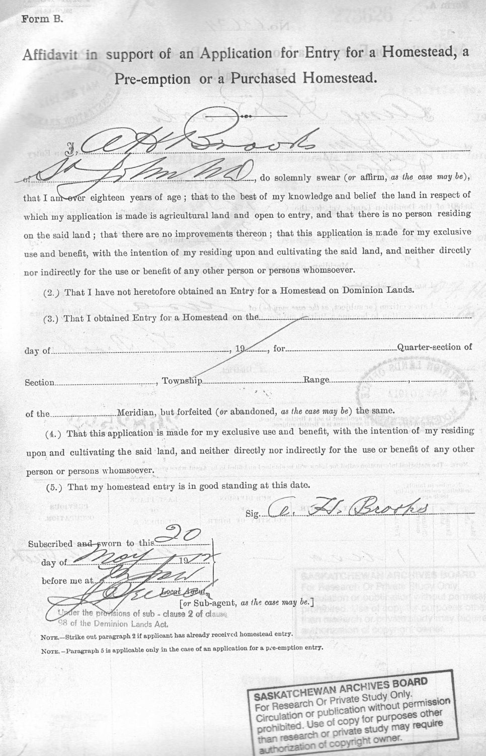 Form B Application for Entry to Canada and for a Homestead in Lafleche Saskatchewan - Aimé  Brooks